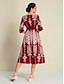 cheap Print Dresses-Folk Print Brick Red Half Sleeve V Neck Midi Dress