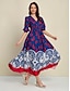 abordables Print Dresses-Smocked Satin Swing Floral V Neck Maxi Dress