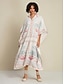 cheap Print Dresses-Satin Kaftan Plant Print Half Sleeve Midi Shirt Dress