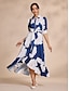 cheap Party Dresses-Blue Floral Print Ruffle Elegant Maxi Dress