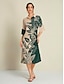 cheap Print Dresses-Leaf Print Half Sleeve Midi Shirt Dress
