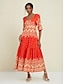 cheap Print Dresses-Folk Print Satin V Neck Maxi Dress