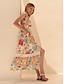 cheap Print Dresses-Puff Baloon Sleeve V Neck Maxi Dress Tencel