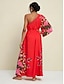 cheap Print Dresses-Chiffon Bohemia Stripe Smocked One Shoulder Maxi Dress