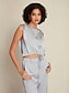 cheap Two Piece Sets-Satin Drawstring Round Sleeveless Tank&amp;Satin Elegant Full Length Pants Two Piece Set