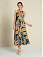 cheap Print Dresses-Leaf Print Belted Halter Neck Sleeveless Midi Dress