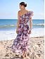 economico Print Dresses-Rose Red Floral One Shoulder Maxi Dress