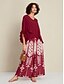 cheap Two Piece Sets-Ruffle Flare Cuff Sleeve Crew Neck Blouse&amp;Casual Folk Print Wide Leg Maxi Pants Two Piece Set