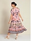 cheap Print Dresses-Floral Lace Up Elegant Short Sleeve Midi Dress