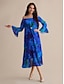 cheap Print Dresses-Chiffon Royal Blue Floral Off Shoulder Long Sleeve Maxi Dress