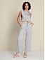 cheap Two Piece Sets-Satin Drawstring Round Sleeveless Tank&amp;Satin Elegant Full Length Pants Two Piece Set