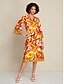 baratos Print Dresses-Sophisticated Satin V Neck Midi Dress with Tie Front and 3 4 Sleeves