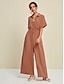 economico Jumpsuits-Linen Blend Collar Half Sleeve Jumpsuit