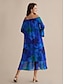 economico Print Dresses-Royal Blue Floral Chiffon Off Shoulder Maxi Dress