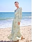 abordables Print Dresses-Floral Satin Puff Sleeve V Neck Maxi Dress