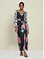 abordables Print Dresses-Satin Floral Leopard V Neck Maxi Dress