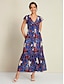 cheap Print Dresses-Chiffon Smocked Leaf Print Short Sleeve V Neck Maxi Dress