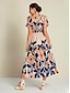 cheap Print Dresses-Floral High Waist Short Sleeve V Neck Maxi Dress