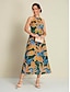 economico Print Dresses-Leaf Print Belted Halter Midi Dress