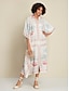 economico Print Dresses-Plant Print Satin Kaftan Midi Shirt Dress