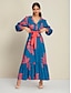 cheap Print Dresses-Satin Intricate Craftsmanship A line Leaf Print Long Sleeve V Neck Maxi Dress