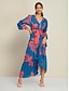 cheap Print Dresses-Satin Intricate Craftsmanship A line Leaf Print Long Sleeve V Neck Maxi Dress