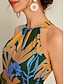 cheap Print Dresses-Leaf Print Belted Halter Neck Sleeveless Midi Dress