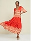 abordables Print Dresses-Folk Print Satin V Neck Maxi Dress