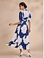 cheap Party Dresses-Blue Floral Print Ruffle Elegant Maxi Dress