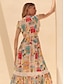 cheap Print Dresses-Puff Baloon Sleeve V Neck Maxi Dress Tencel