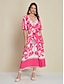 baratos Print Dresses-Satin Floral V Neck Short Sleeve Maxi Dress