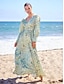 cheap Print Dresses-Satin Floral Tie Back Puff Sleeve V Neck Maxi Dress