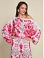 baratos Blouses-Satin Floral Lantern Sleeve Blouse