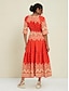 baratos Print Dresses-Folk Print Satin V Neck Maxi Dress