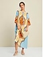 baratos Print Dresses-Resort Wear Folk Print Lace Up Midi Dress