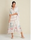 cheap Print Dresses-Satin Kaftan Plant Print Half Sleeve Midi Shirt Dress