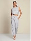 cheap Two Piece Sets-Satin Drawstring Round Sleeveless Tank&amp;Satin Elegant Full Length Pants Two Piece Set