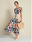 economico Print Dresses-High Waist Floral V Neck Maxi Dress