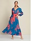 cheap Print Dresses-Satin Intricate Craftsmanship A line Leaf Print Long Sleeve V Neck Maxi Dress