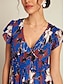 cheap Print Dresses-Chiffon Smocked Leaf Print Short Sleeve V Neck Maxi Dress