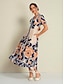 abordables Print Dresses-High Waist Short Sleeve Floral V Neck Maxi Dress
