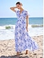 baratos Print Dresses-Floral Chiffon V Neck Short Sleeve Maxi Dress