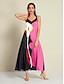 abordables Print Dresses-Floral Satin Swing V Neck Maxi Dress