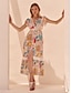 cheap Print Dresses-Puff Baloon Sleeve V Neck Maxi Dress Tencel