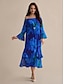 cheap Print Dresses-Chiffon Royal Blue Floral Off Shoulder Long Sleeve Maxi Dress