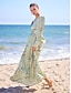 cheap Print Dresses-Satin Floral Tie Back Puff Sleeve V Neck Maxi Dress