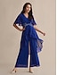 abordables Combinaisons-Sequin Embroidered Chiffon Flare Sleeve V Neck Jumpsuit