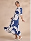 cheap Party Dresses-Blue Floral Print Ruffle Elegant Maxi Dress