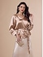 economico Blouses-Gold Belted Satin V Neck Blouse