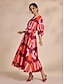 economico Print Dresses-Folk Print Belted Lantern Sleeve Maxi Dress